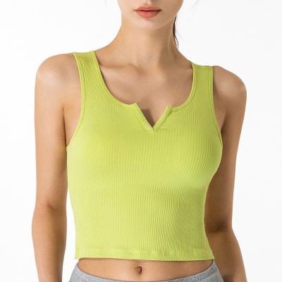 China 2022 Summer Slim Fit Gym Fit Crop Summer Women V Rib Vest Fitness Workout Breathable Sexy Neck Knitted Tops for sale