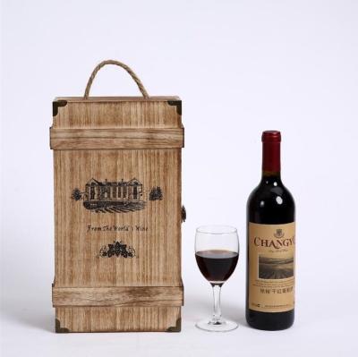 China New Nature Recyclable Wood Wine Crate Double Bottle Dark Torched Wooden Wine Box for sale