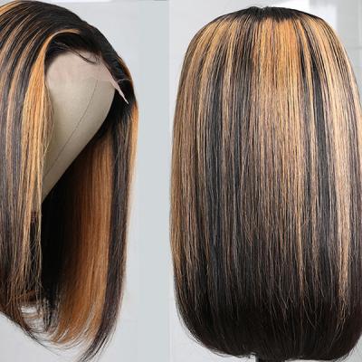 China Brazilian Straight Lace Front Human Hair Wig Highlight 13x4 Straight Blonde Bob Wig With Bangs Honey 150% for sale