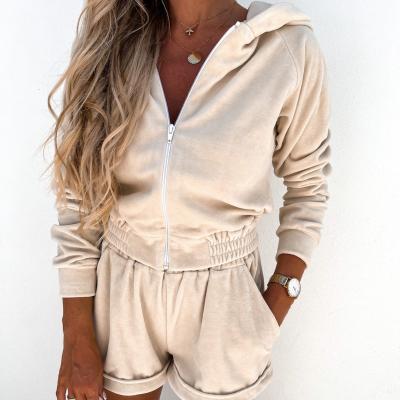 China 2021 Breathable Spring And Autumn New Women Sports Casual Zipper Cardigan Hoodie Shorts Set Two Piece Set for sale