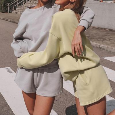 China 2021 Breathable Autumn Plus Size Casual Long Sleeve Sweatshirt Spring And Fashion Shorts Solid Sweatshirt Set for sale