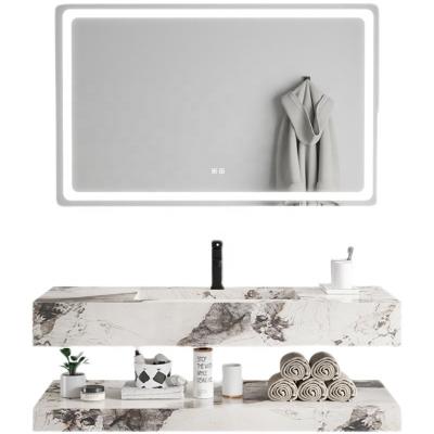 China Environmental Friendly Materials LED Illuminated Bathroom Vanity Mirror Cabinet with Agglomerated Stone Countertop and Built-in Basin for sale