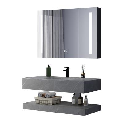 China Hot Selling Anti-scratch Hotel Bathroom Vanity With Rock Slate Double Layers Wall Mounted Hanging Cabinet With Led Mirror Cabinet for sale