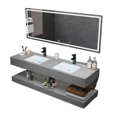 China Modern Minimalist Anti-scratch Rock Slab Double Layers Bathroom Cabinet Double Sink Wash Basin Cabinet Combination for sale