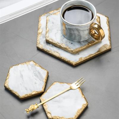 China Sustainable Custom Heat Insulated White Marble Hexagon Cup Coaster Sustainable With Gilt Edge for sale