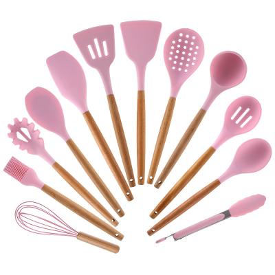 China Sustainable Kitchen Tool Custom Made Rose Silicone Western Cookware Sets With Wooden Handle for sale