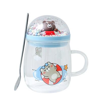 China Cute Transparent Printing Coffee Stored In Creative Cartoon Animal Glass Mugs Mugs With Spoon for sale