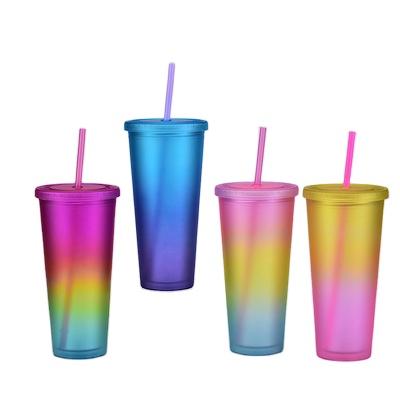 China New Single Wall Customs Rainbow Colored Double Hard Wall Plastic Water Bottle Cups With Straws for sale