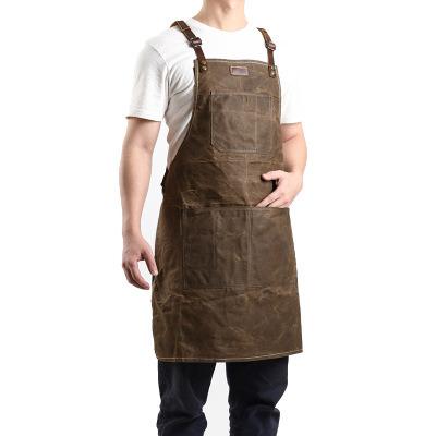 China Retro In Oil Wax Running Canvas With Work Leather Pinafore Apron Retro Outdoor BBQ Gardening Apron for sale