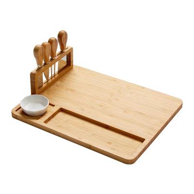 China BAMBKIN Cheese Board Stainless Steel Four-Piece Cutting Board Bamboo Knife Set Bamboo Cheese Board for sale