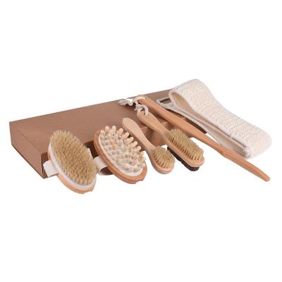 China All Natural Amazon New 6pcs Set Bath Brush Boar Hair Dry Body Brush Back Exfoliation Scrub Massage Dry Skin Body Brush Wooden Spa Set for sale