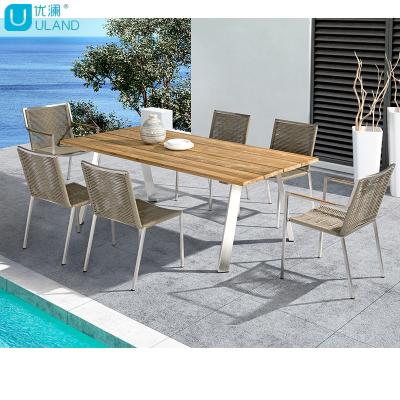 China Uland Industrial New Arrival Teak Outdoor Table 6 People Chair Patio Furniture Garden Modern Metal Steel Leg Table for sale