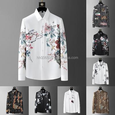 China Anti-pilling European and American spring shirt men's embroidery flower personality silk soft elastic top fashion casual shirt for sale