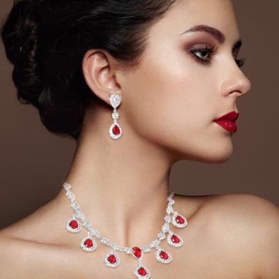 China Trendy Fashion Jewelry Ruby White Diamond Zircon Bridal Women Gold Earrings and Necklace Set Wholesale for sale