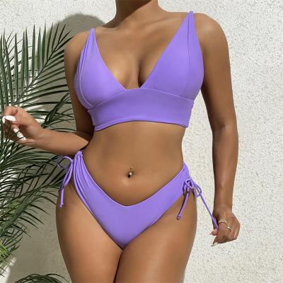 China 2023 New Breathable Micro Bikini Women Swimwear Solid Lace Up Backless Female Swimwear Summer Beach V-Neck Swimwear Thong Bikinis Set for sale