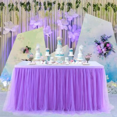 China Simple Rectangle Table Purple Tulle Table Skirt Fabric For Birthday Wedding Party Decorations for sale