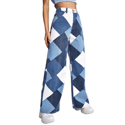 China 2021 New Arrival Design High Waist Viable Stylish Wide Leg Jeans Casual Argyle Print Pants Printed Denim Pants for sale