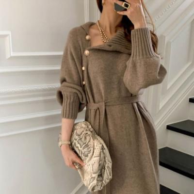 China Anti-Wrinkle Hot Sale Winter Autumn Fashion Long Bat Sleeve Swearer Soft Dress For Woman Loose Turtle Neck Knitted Sweater Dresses for sale