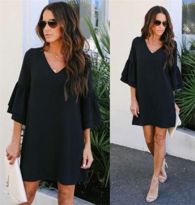 China Amazon OEM/ODM High Quality Hot Sale Women's Anti-Static Service Mini Dress Soft Cute Sweet V-Neck Bell Sleeve Shift Dress for sale