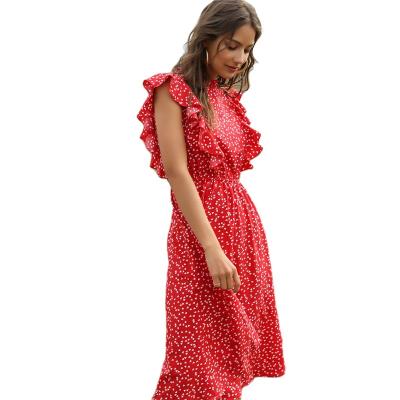 China Summer New Breathable Dot Print Dress Women Casual Butterfly Sleeve Ruffles Medium Long Chiffon Dress for sale