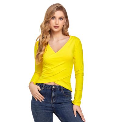 China 2021 Wholesale Fashion Casual Women's T-shirts V-Neck Collar Crop Top QUICK DRY for sale