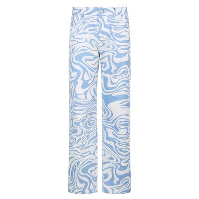 China Breathable Print Waist Casual Pants Women High Waist Skinny Ladies Long Pants Blue Straight Sweatpants for sale