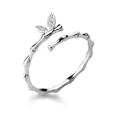 China New Latest Fashion Silver Butterfly Wing Diamond Cuff Finger Bamboo Shaped Ring for sale