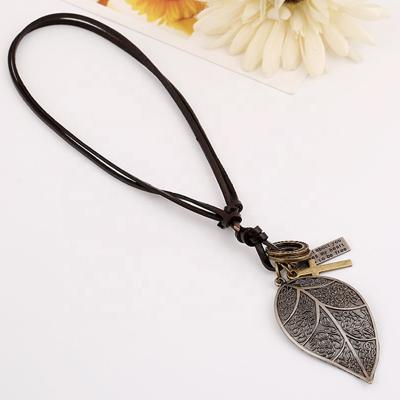 China Cheap Leather Cross Rope Necklace Man Multiple Engraved Leather Rope Cross Necklace for sale