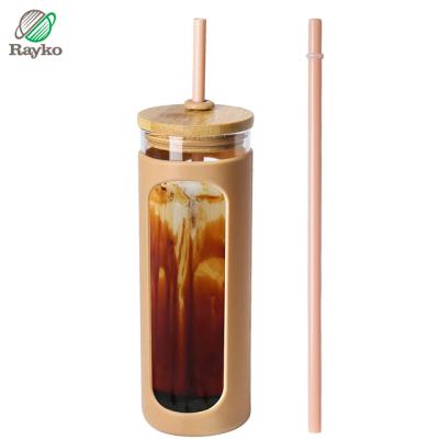 China Sustainable High Quality Natural Bamboo Glass Water Tumbler With Silicone Sleeve 600ml With Straw for sale