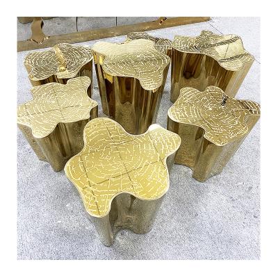 China Italy Etching Stainless Steel Coffee Table Tree Top Center Gold Irregular High End Adjustable Stump Side Table Set (Other) for sale