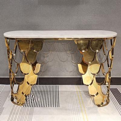 China Contemporary Gold Metal Marble Leg Italian Designer Velan Top Luxury Adjustable Scalloped Home Lobby Lobby Special (Height) Console Table for sale