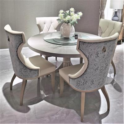 China Round Shape Luxury America Traditional Style Dining Sets Furniture Solid Wood Carved 1.35M Round Dining Table Back Puller Chairs Set for sale