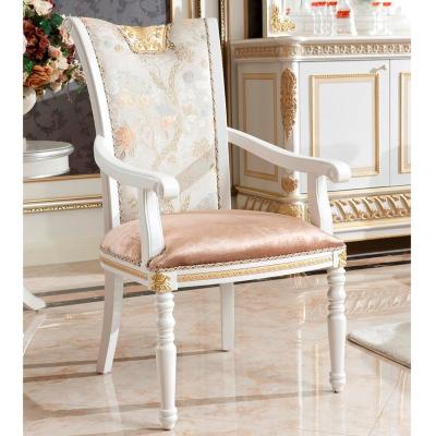 China YB62A Large Solid Wood Paint Solid Wood Fabric Upholstery Antique High Gloss White French Style Dining Chairs for sale