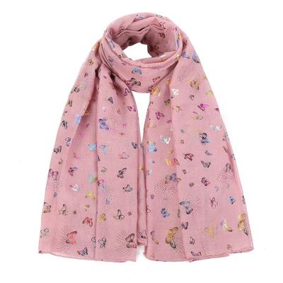 China 2021 Polyester Hot Sale Fashion Glitter Butterfly Print Scarf All Season Beautiful Soft Shawl Large Size Scarf For Women for sale