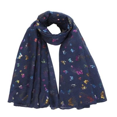 China 2021 Polyester Hot Sale Fashion Glitter Butterfly Print Scarf All Season Beautiful Soft Shawl Large Size Scarf For Women for sale