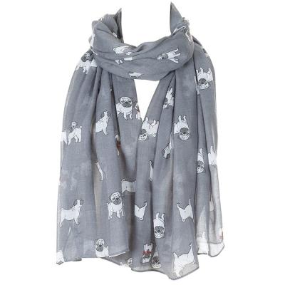 China 2021 Fashion Voile Polyester Hot Sale Scarf Pug Dog Animal Print Scarf Shawl for sale