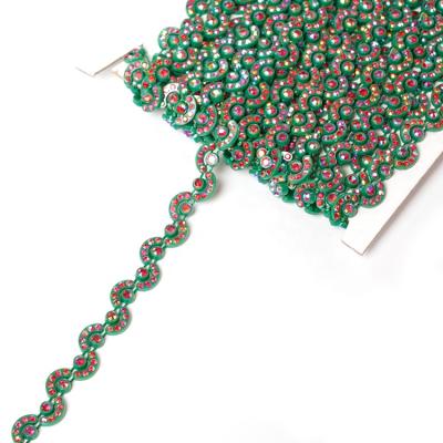 China Easy to cut and wholesale use one tier moon transfer ribbon ab stone rhinestone green crystal trim cup chain for clothing for sale