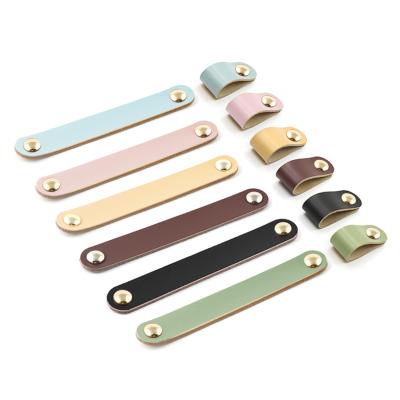 China HJY Modern Genuine Leather Brass Pull Knobs Handles For Drawer And Furniture for sale