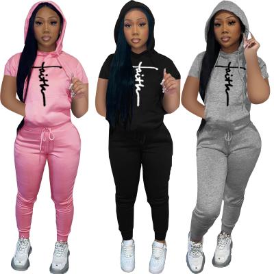 China 2022 QUICK DRY Spring/Summer Fashion Women Set Two Piece Clothing Custom Printed Hooded Short Sleeve Casual Suit for sale