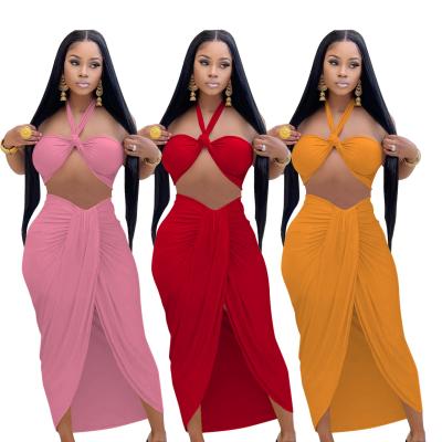 China 2022 Fashion Summer Chest Wrap Halter Vest and Slit Skirt 2pcs Set Women QUICK DRY for sale