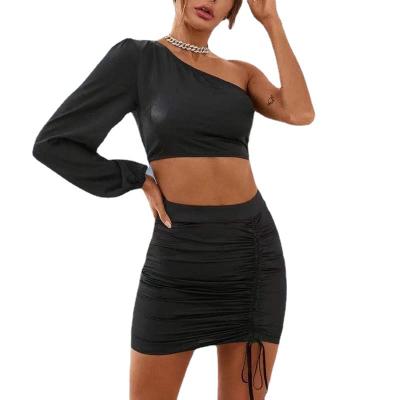 China 2022 Women's QUICK DRY Summer Two Piece One Shoulder Crop Skirt Top Pleated Two Piece Set for sale