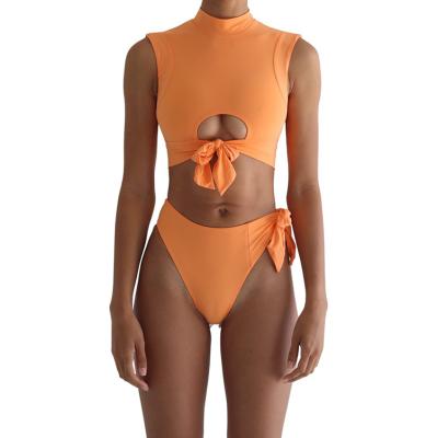 China Women's Solid Color Breathable Swimsuit High Waisted Front Knot Bikini Swimwear 2 Piece Set for sale