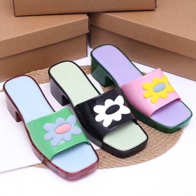 China Summer Fashion Deodorization Shoes Flower Pattern Contrast Colors Square Beach Jelly Heel Slippers For Women Platform Female Slide Heel for sale