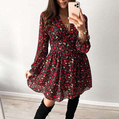 China 2022 Anti-Static Red Floral Sexy Beach V-neck Springs Long Sleeve Dress for sale