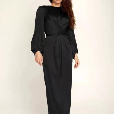 China Wholesale New Fashion, Elegant and Feminine Solid Color Satin Long Sleeve Long Waist Dress for Women LR386 for sale