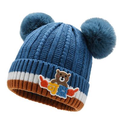 China Imitate Bear Two Little Animal Warm Baby Animal Bobble Selling Awesome Knitted Hat, Baby Boy Dress Hats, Crochet Hat for sale