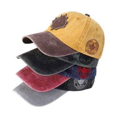 China COMMON New Style 5 Panel Denim Distressed Canada Flag Retro Worn Patches 3D Embroidery OEM Hat Sports Hats Baseball Cap for sale