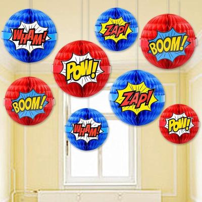 China Indoor Decoration Boom Tissue Paper Superhero Honeycomb Ball Blue Red Decoration For Boy Birthday Party for sale