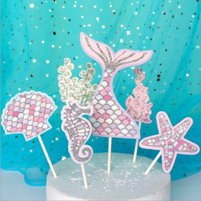 China Festival Ariel Mermaid Glitter Pink Purple Paper Cupcake Topper For Party Decoration Birthday for sale