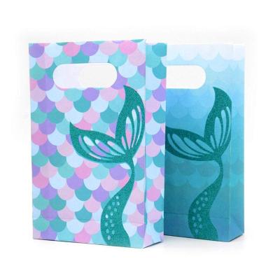 China Disposable mermaid theme purple blue with glitter paper bag with handle for birthday decoration mermaid party supplies for bitthday for sale